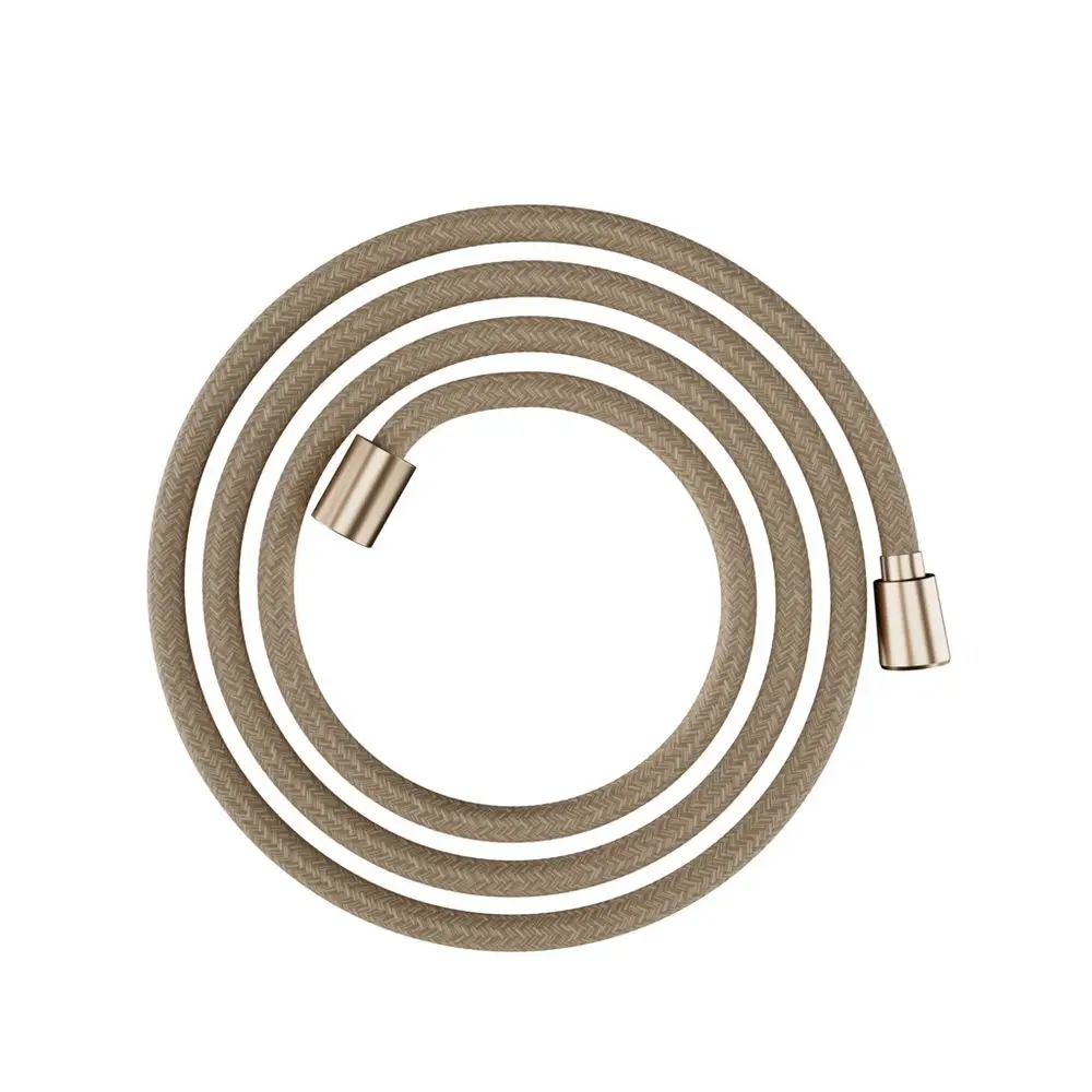 Textilbrauseschlauch in einer geschwungenen Form mit zwei Metallanschlüssen. Die Oberfläche zeigt eine Brushed Bronze-Finish. Produkt von Hansgrohe.